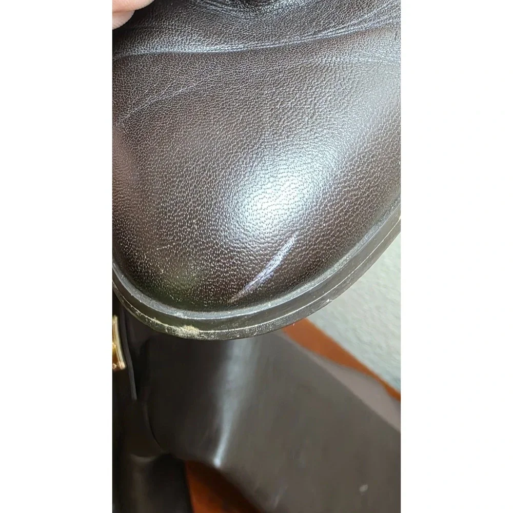 Michael Kors Brown Leather Knee-High Riding Boots Gold Logo Stretch Panels 6.5M